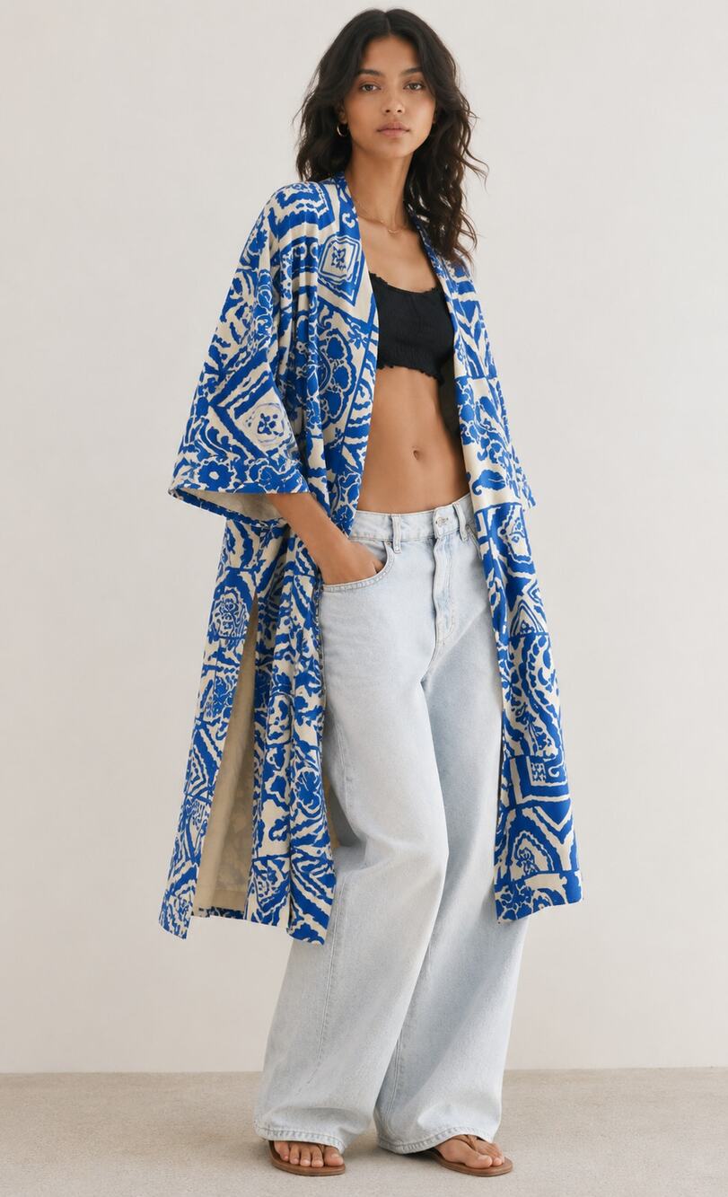 Zara Printed Linen Blend Kimono With Belt Blue Ecru Womens XS/S New Cardigan